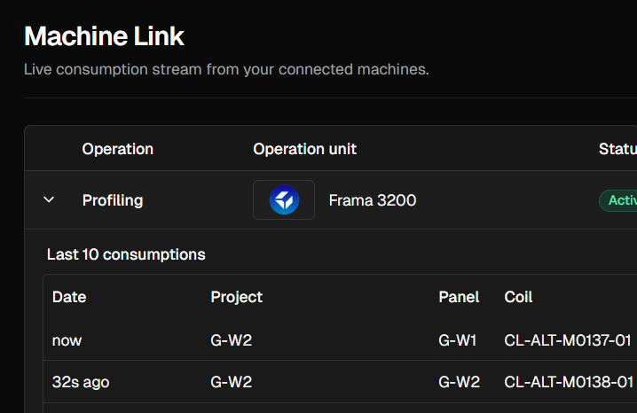 Machine Link agent dashboard streaming live machine production back to the cloud
