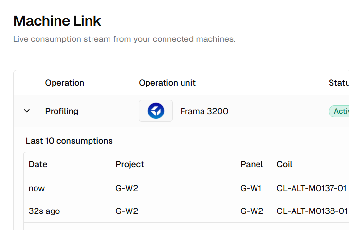 Machine Link agent dashboard streaming live machine production back to the cloud