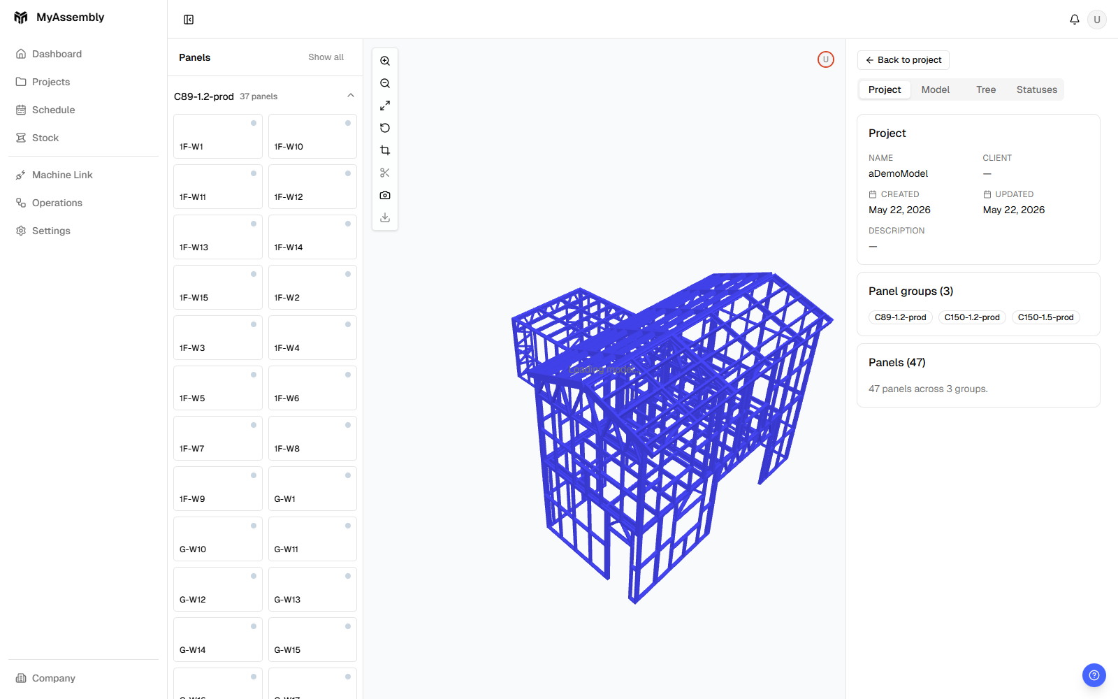 In-browser 3D viewer isolating a panel with production status overlay